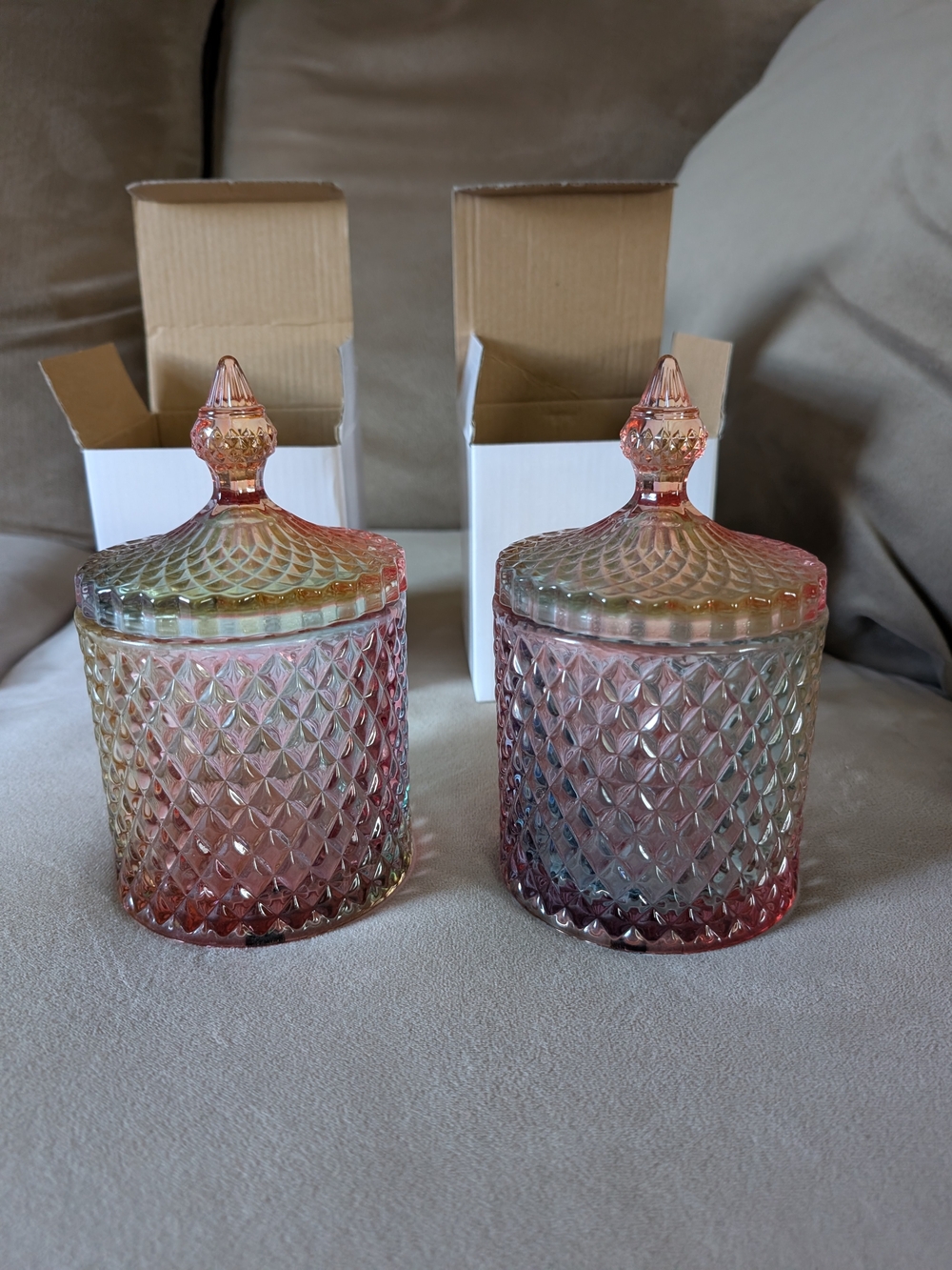 Iridescent Pink Glass Apothecary Jars with Lids - Set of 2